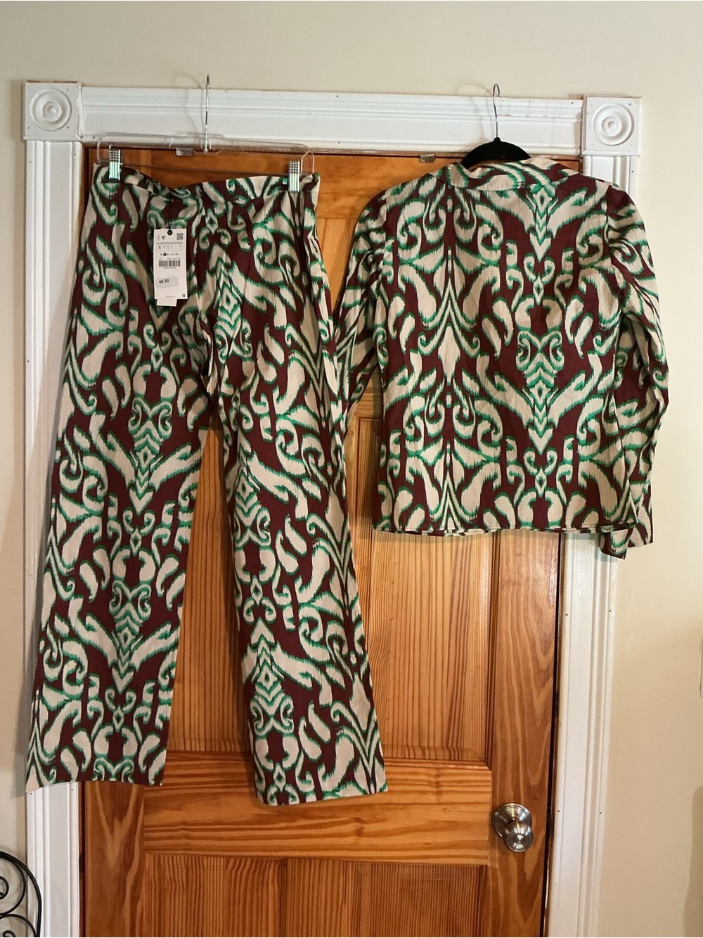 Zara Brown, Cream & Green Wide-Leg Pants Set